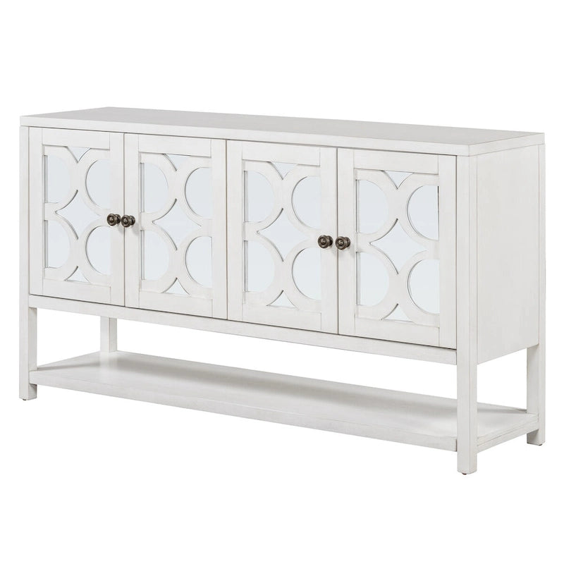 4-Door Mirrored Sideboard Console with Quatrefoil Panel Doors Open Bottom Shelf and Acacia Wood Legs