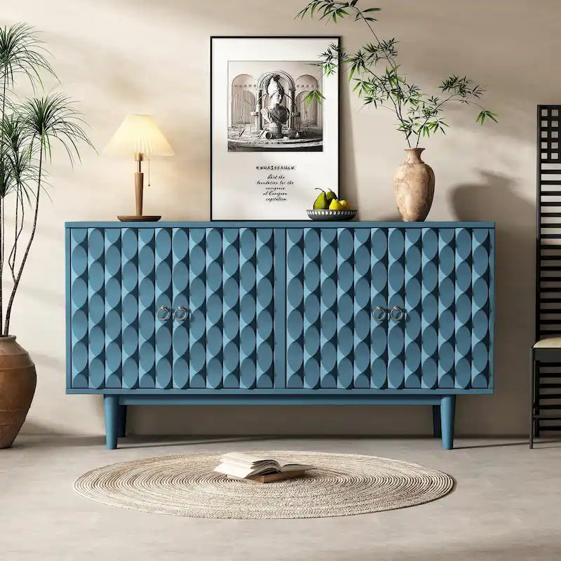 4-Door Sideboard with Convex Geometric Doors Adjustable Shelves and Rubber Wood Legs