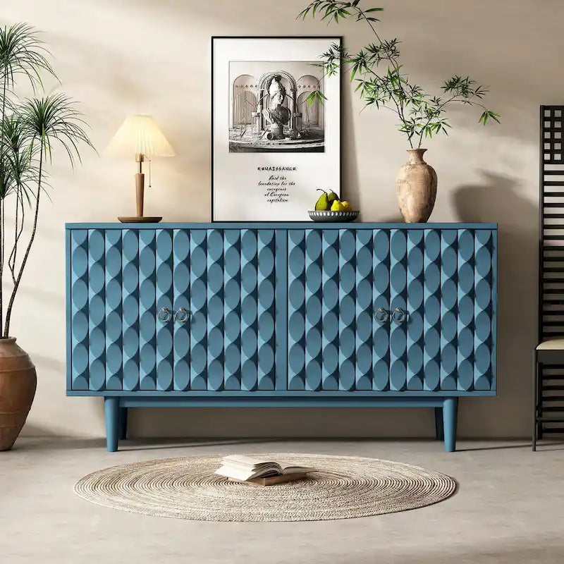 4-Door Sideboard with Convex Geometric Doors Adjustable Shelves and Rubber Wood Legs