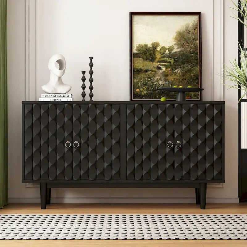 4-Door Sideboard with Convex Geometric Doors Adjustable Shelves and Rubber Wood Legs