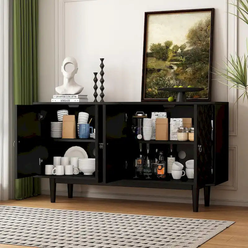 4-Door Sideboard with Convex Geometric Doors Adjustable Shelves and Rubber Wood Legs