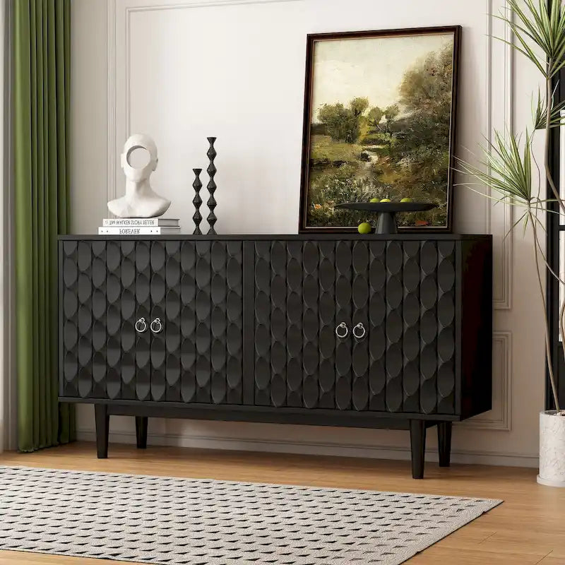 4-Door Sideboard with Full-Surface Diamond Convex Embossed Doors Round Silver Knobs and Tapered Rubberwood Legs