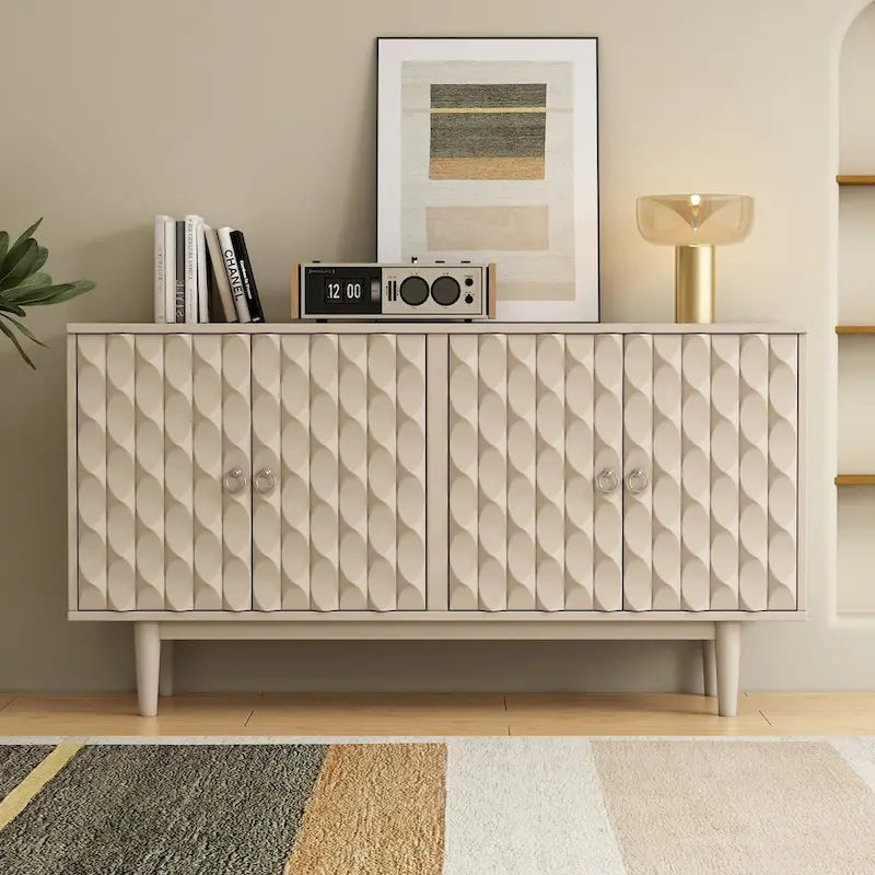 4-Door Sideboard with Full-Surface Diamond Convex Embossed Doors Round Silver Knobs and Tapered Rubberwood Legs