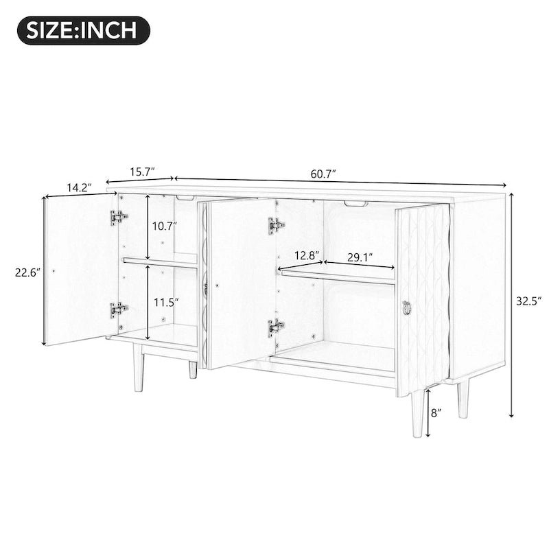 Sideboard mit 4 Türen, vollflächig diamantförmig konvex geprägten Türen, runden silberfarbenen Knöpfen und konischen Gummibaumbeinen