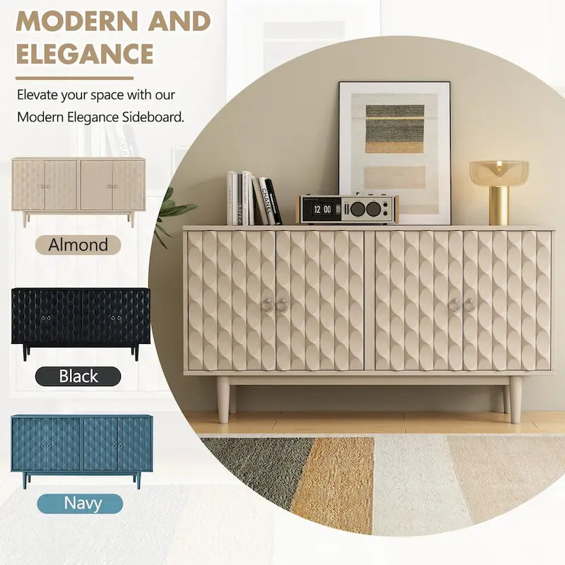 4-Door Sideboard with Full-Surface Diamond Convex Embossed Doors Round Silver Knobs and Tapered Rubberwood Legs
