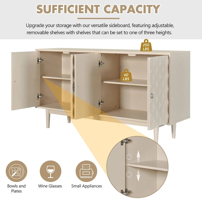 Sideboard mit 4 Türen, vollflächig diamantförmig konvex geprägten Türen, runden silberfarbenen Knöpfen und konischen Gummibaumbeinen
