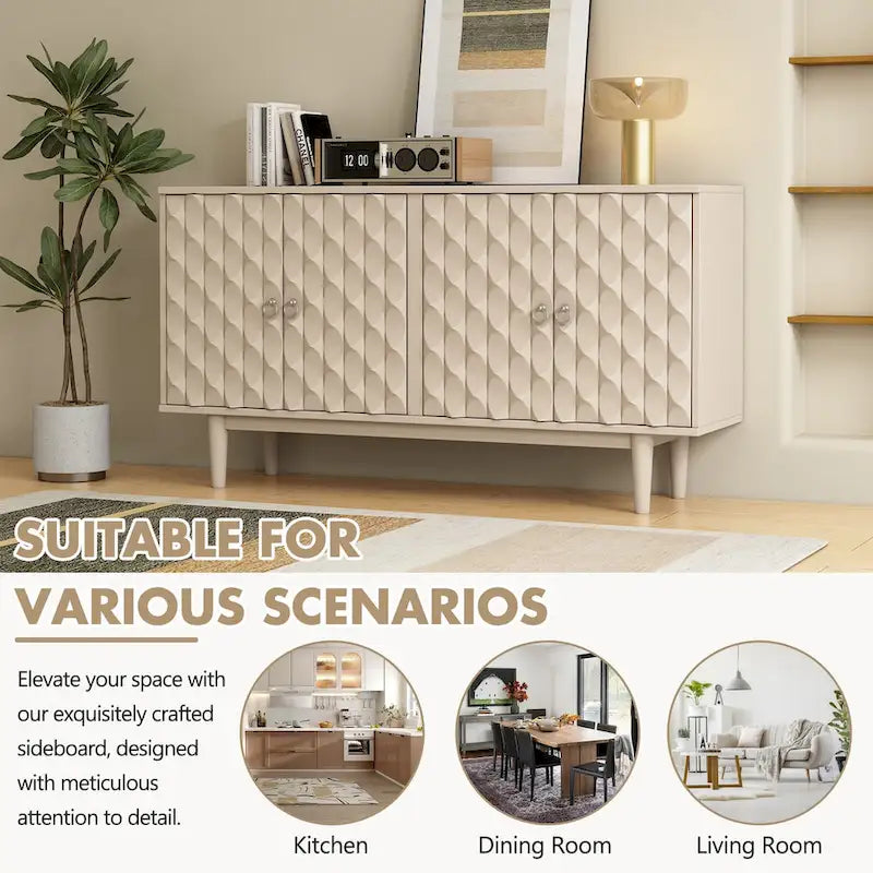 Sideboard mit 4 Türen, vollflächig diamantförmig konvex geprägten Türen, runden silberfarbenen Knöpfen und konischen Gummibaumbeinen