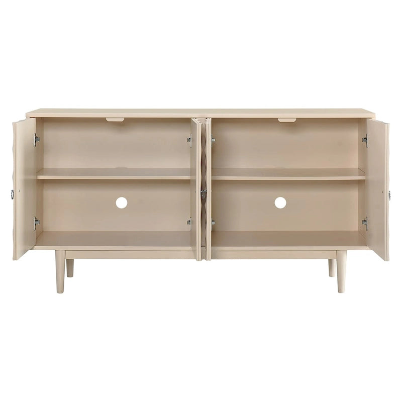 Sideboard mit 4 Türen, vollflächig diamantförmig konvex geprägten Türen, runden silberfarbenen Knöpfen und konischen Gummibaumbeinen