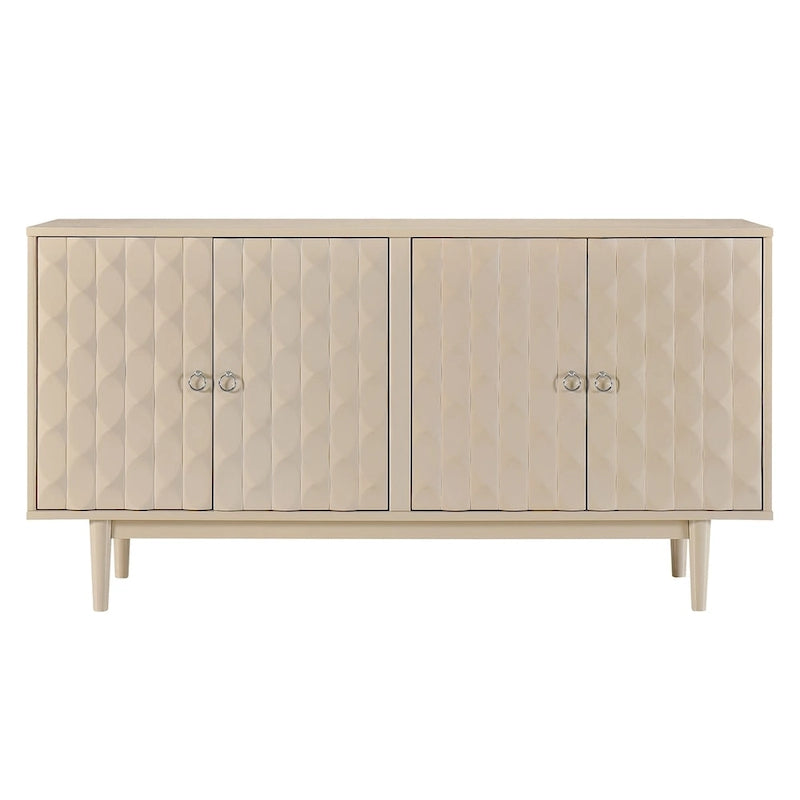 Sideboard mit 4 Türen, vollflächig diamantförmig konvex geprägten Türen, runden silberfarbenen Knöpfen und konischen Gummibaumbeinen