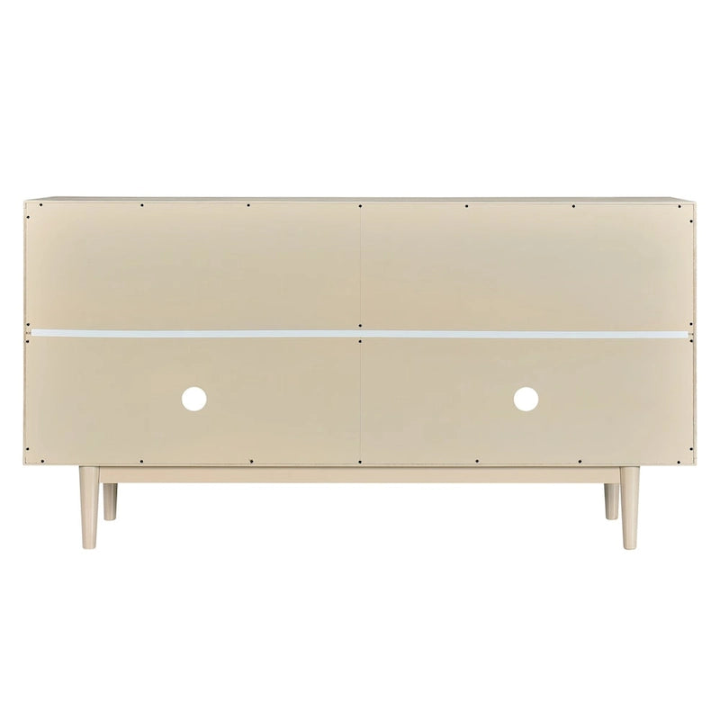 Sideboard mit 4 Türen, vollflächig diamantförmig konvex geprägten Türen, runden silberfarbenen Knöpfen und konischen Gummibaumbeinen
