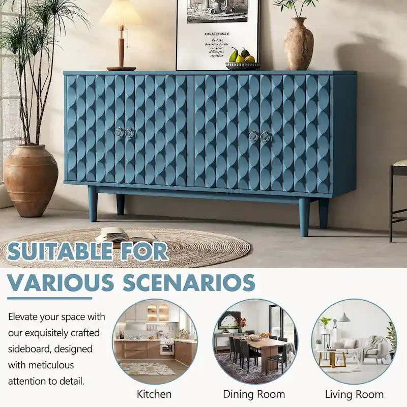 Sideboard mit 4 Türen, vollflächig diamantförmig konvex geprägten Türen, runden silberfarbenen Knöpfen und konischen Gummibaumbeinen