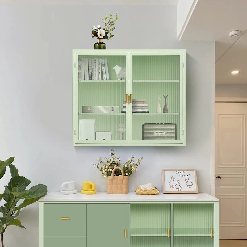 Wall-Mount or Freestanding 2-Door Cabinet with Fluted Tempered Glass Doors Ribbed Steel Frame Gold Bar Handle and 3 Adjustable Shelves