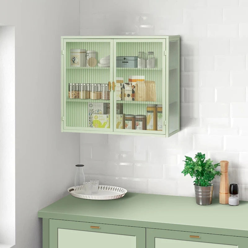 Wall-Mount or Freestanding 2-Door Cabinet with Fluted Tempered Glass Doors Ribbed Steel Frame Gold Bar Handle and 3 Adjustable Shelves