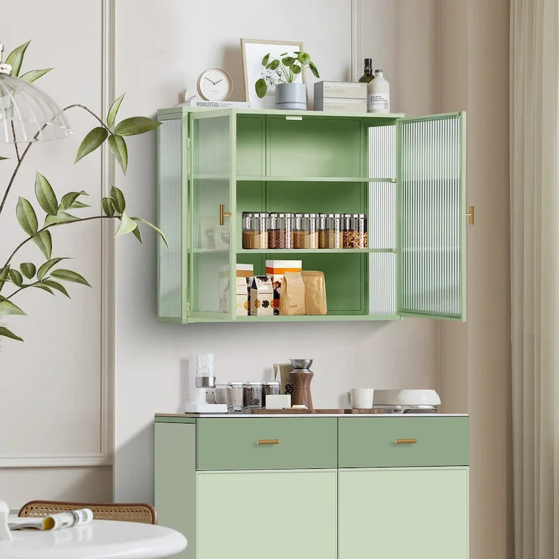 Wall-Mount or Freestanding 2-Door Cabinet with Fluted Tempered Glass Doors Ribbed Steel Frame Gold Bar Handle and 3 Adjustable Shelves