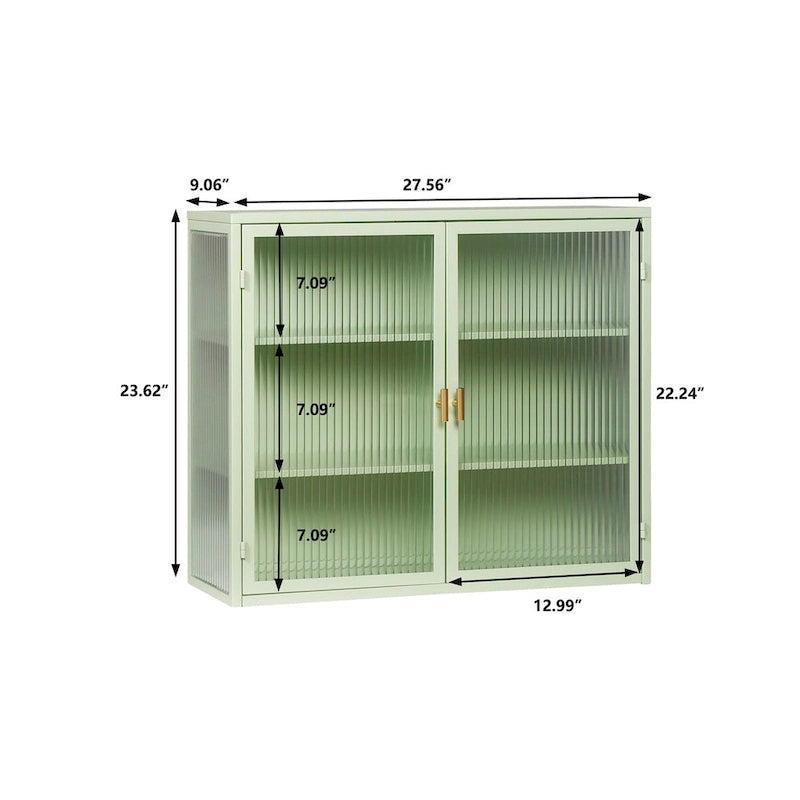 Wall-Mount or Freestanding 2-Door Cabinet with Fluted Tempered Glass Doors Ribbed Steel Frame Gold Bar Handle and 3 Adjustable Shelves