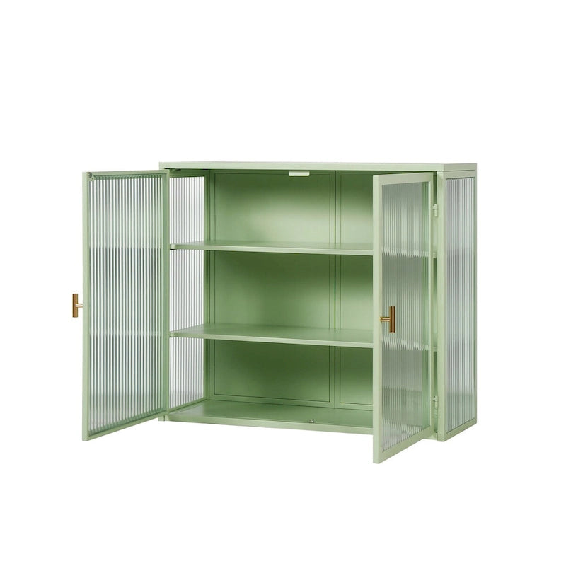 Wall-Mount or Freestanding 2-Door Cabinet with Fluted Tempered Glass Doors Ribbed Steel Frame Gold Bar Handle and 3 Adjustable Shelves