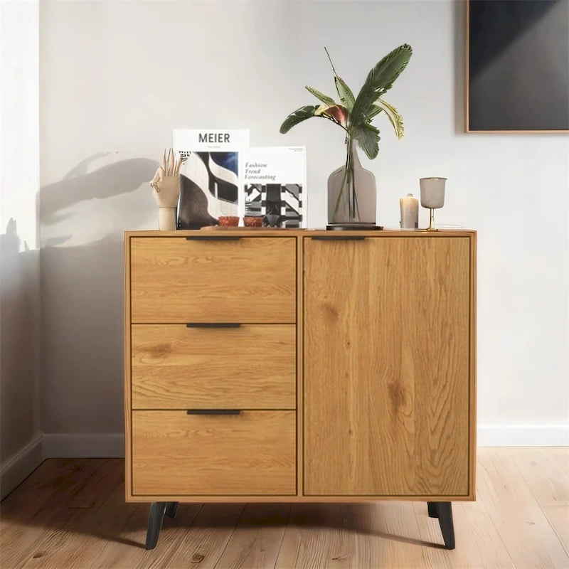 Sideboard Buffet Cabinet with 3 Drawers Adjustable Shelf Single Door and Solid Wood Legs