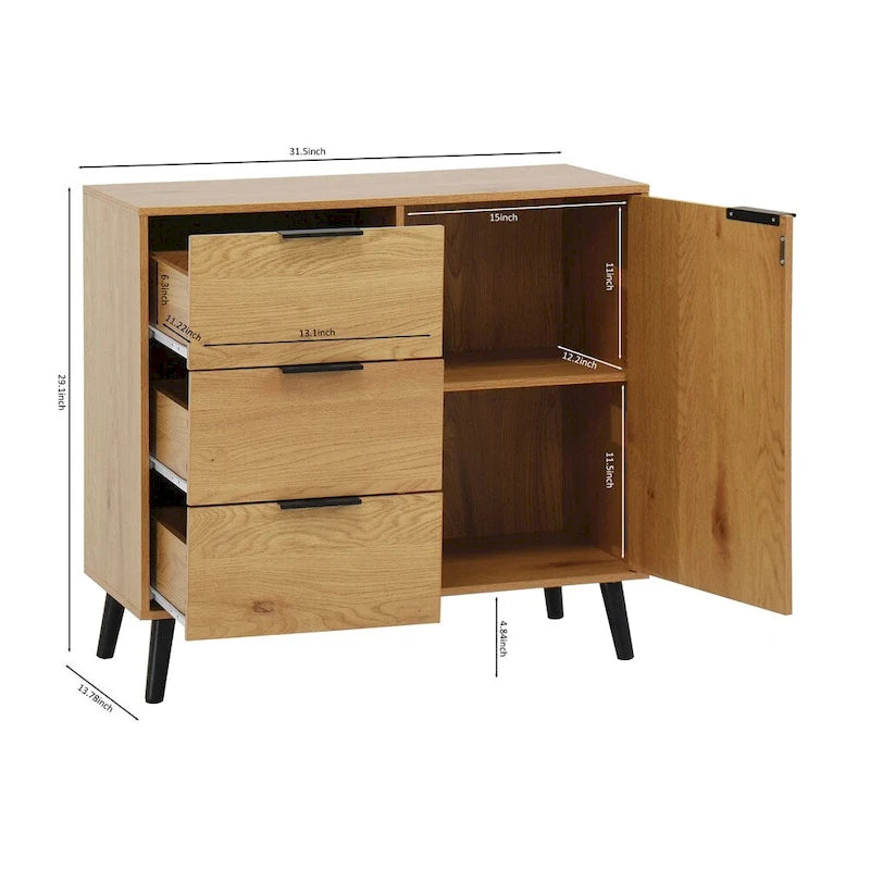 Sideboard Buffet Cabinet with 3 Drawers Adjustable Shelf Single Door and Solid Wood Legs