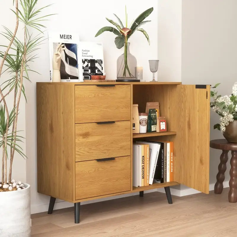 Sideboard Buffet Cabinet with 3 Drawers Adjustable Shelf Single Door and Solid Wood Legs