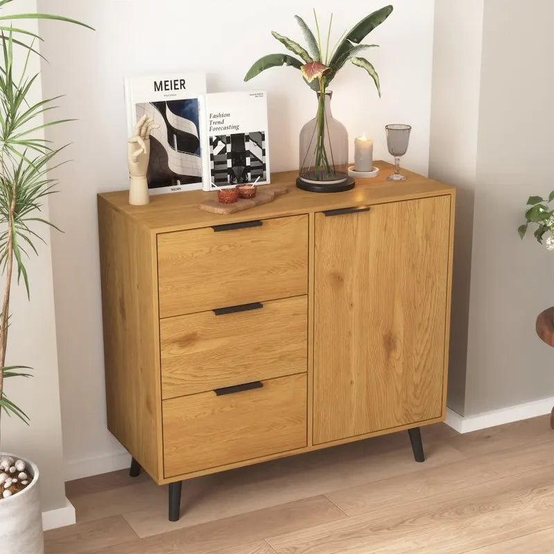Sideboard Buffet Cabinet with 3 Drawers Adjustable Shelf Single Door and Solid Wood Legs