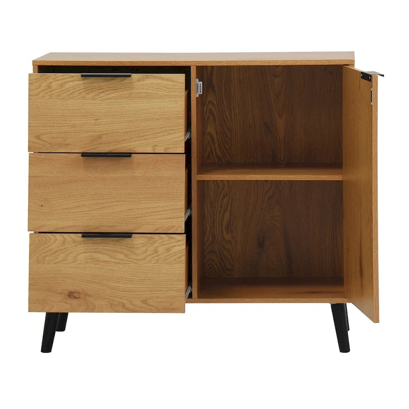 Sideboard Buffet Cabinet with 3 Drawers Adjustable Shelf Single Door and Solid Wood Legs