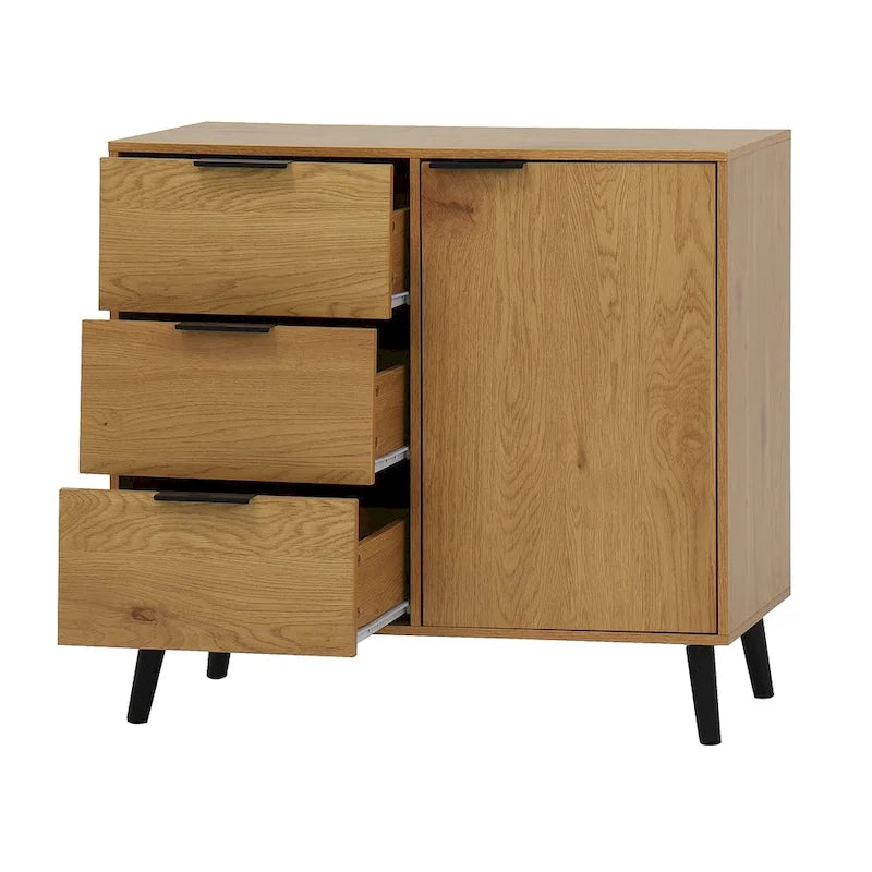 Sideboard Buffet Cabinet with 3 Drawers Adjustable Shelf Single Door and Solid Wood Legs