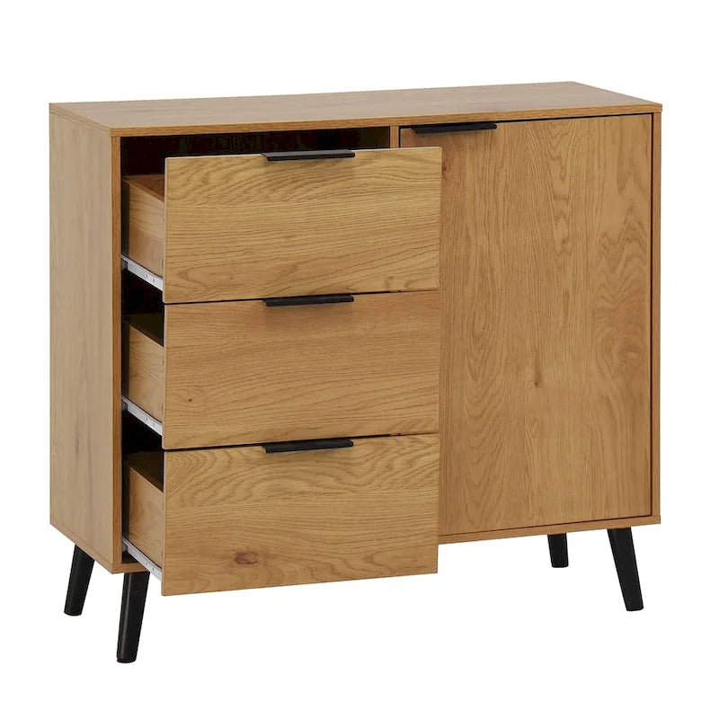 Sideboard Buffet Cabinet with 3 Drawers Adjustable Shelf Single Door and Solid Wood Legs