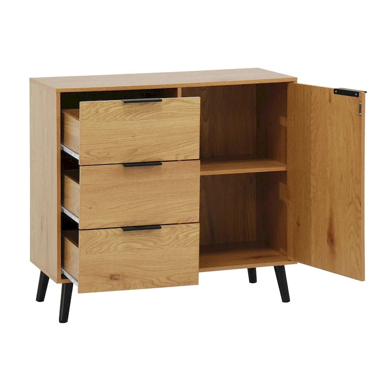Sideboard Buffet Cabinet with 3 Drawers Adjustable Shelf Single Door and Solid Wood Legs