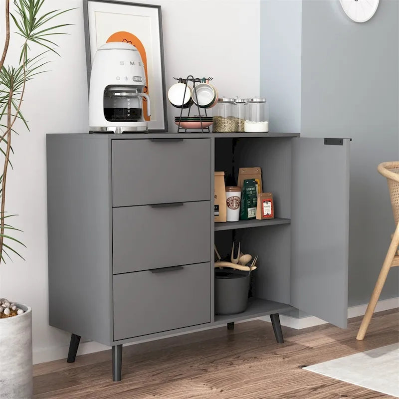 Sideboard Buffet Cabinet with 3 Drawers Adjustable Shelf Single Door and Solid Wood Legs