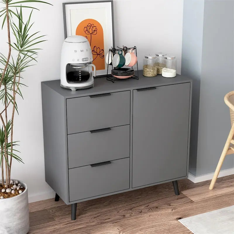 Sideboard Buffet Cabinet with 3 Drawers Adjustable Shelf Single Door and Solid Wood Legs