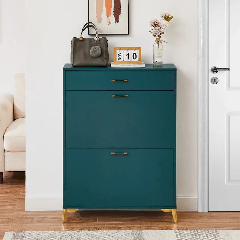 Slim Entryway Shoe Cabinet with 2 Flip Drawers and Gold Metal Legs