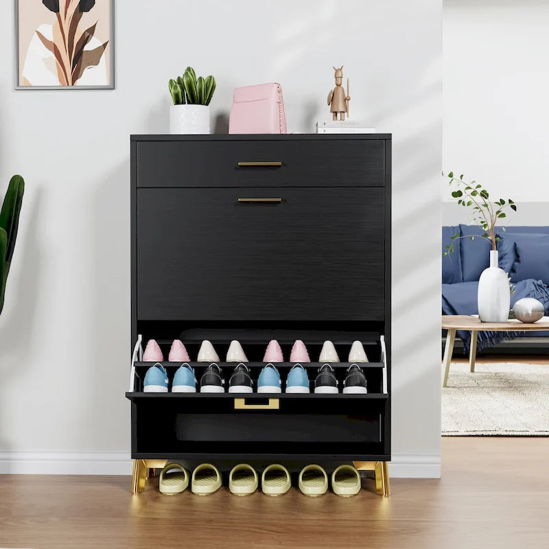 Slim Entryway Shoe Cabinet with 2 Flip Drawers and Gold Metal Legs