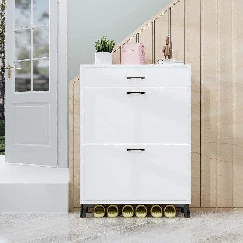 Slim Entryway Shoe Cabinet with 2 Flip Drawers and Gold Metal Legs