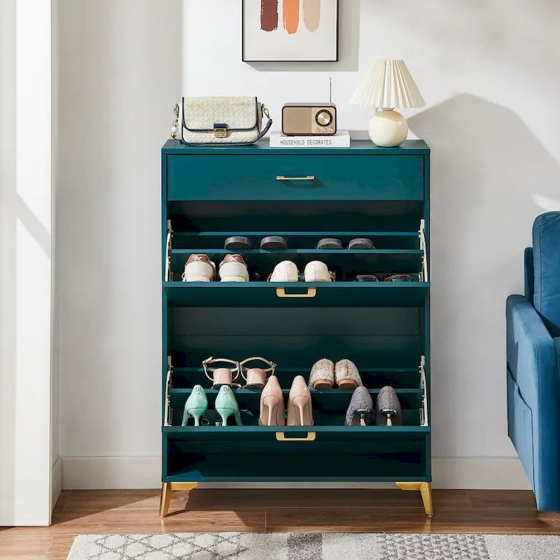 Slim Entryway Shoe Cabinet with 2 Flip Drawers and Gold Metal Legs