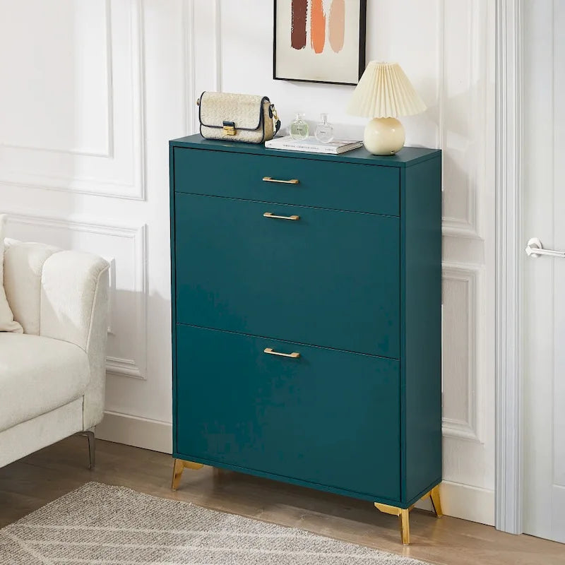 Slim Entryway Shoe Cabinet with 2 Flip Drawers and Gold Metal Legs