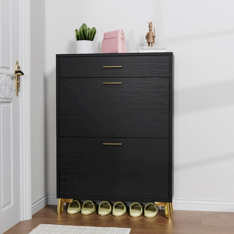 Schmaler Schuhschrank für den Eingangsbereich mit 2 Klappschubladen und goldfarbenen Metallbeinen