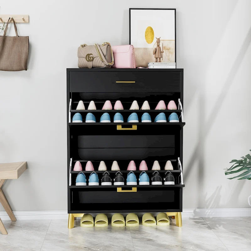 Schmaler Schuhschrank für den Eingangsbereich mit 2 Klappschubladen und goldfarbenen Metallbeinen