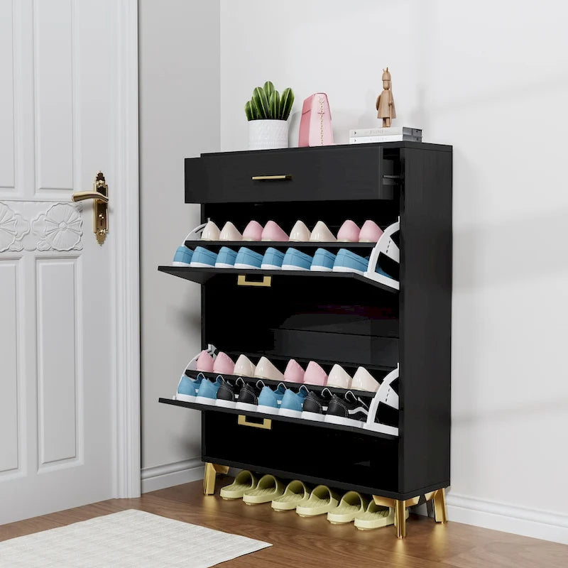 Schmaler Schuhschrank für den Eingangsbereich mit 2 Klappschubladen und goldfarbenen Metallbeinen