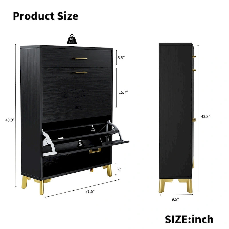 Schmaler Schuhschrank für den Eingangsbereich mit 2 Klappschubladen und goldfarbenen Metallbeinen