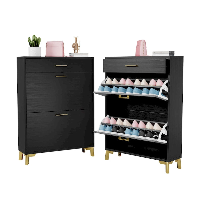 Schmaler Schuhschrank für den Eingangsbereich mit 2 Klappschubladen und goldfarbenen Metallbeinen