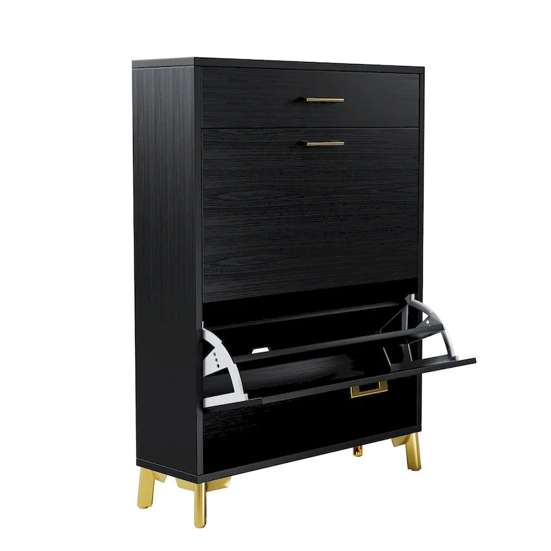 Schmaler Schuhschrank für den Eingangsbereich mit 2 Klappschubladen und goldfarbenen Metallbeinen