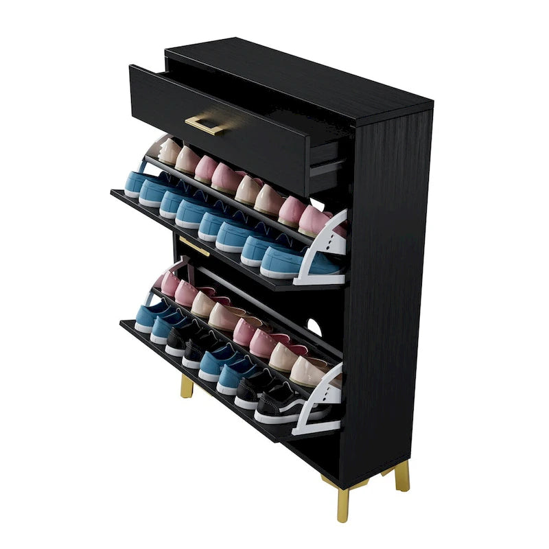 Schmaler Schuhschrank für den Eingangsbereich mit 2 Klappschubladen und goldfarbenen Metallbeinen