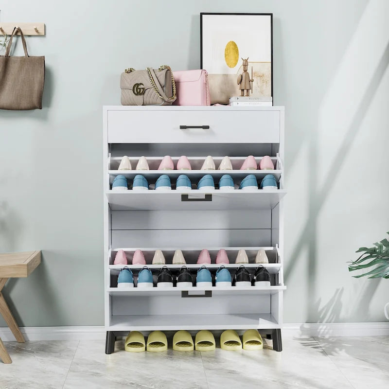 Schmaler Schuhschrank für den Eingangsbereich mit 2 Klappschubladen und goldfarbenen Metallbeinen