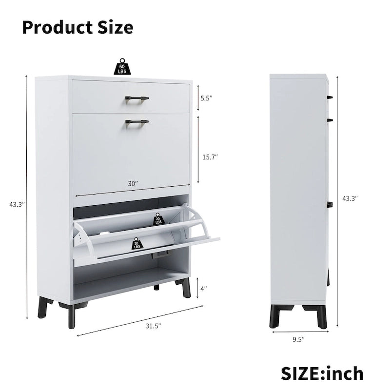 Schmaler Schuhschrank für den Eingangsbereich mit 2 Klappschubladen und goldfarbenen Metallbeinen