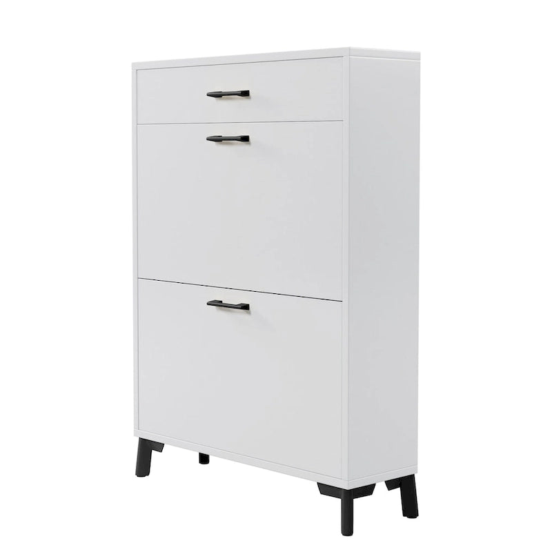 Schmaler Schuhschrank für den Eingangsbereich mit 2 Klappschubladen und goldfarbenen Metallbeinen