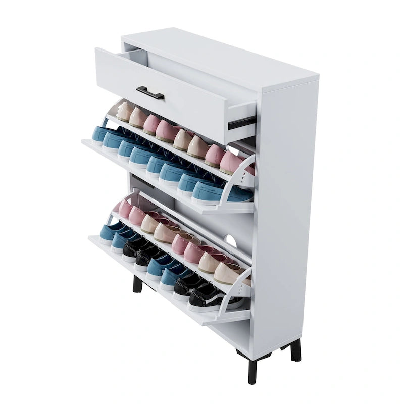 Schmaler Schuhschrank für den Eingangsbereich mit 2 Klappschubladen und goldfarbenen Metallbeinen